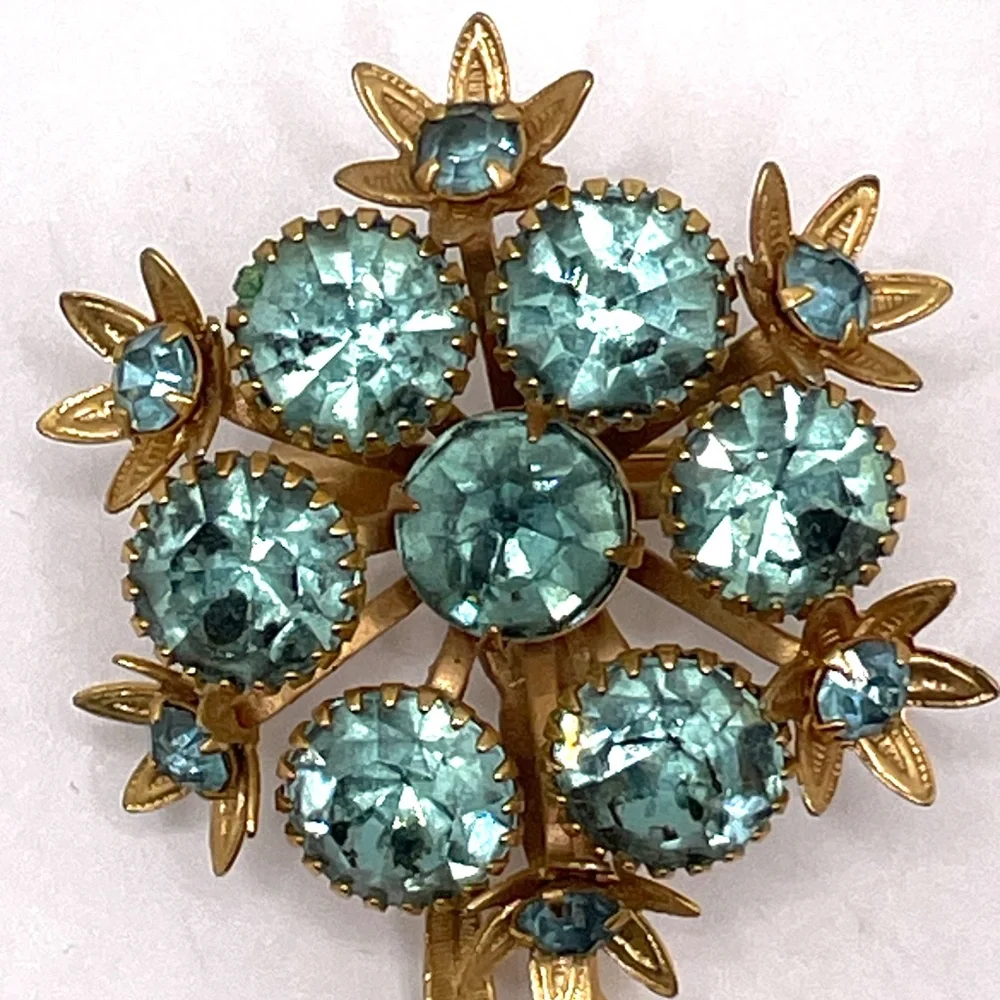 Brooch Vintage Aqua Blue Rhinestone Gold Tone Pin